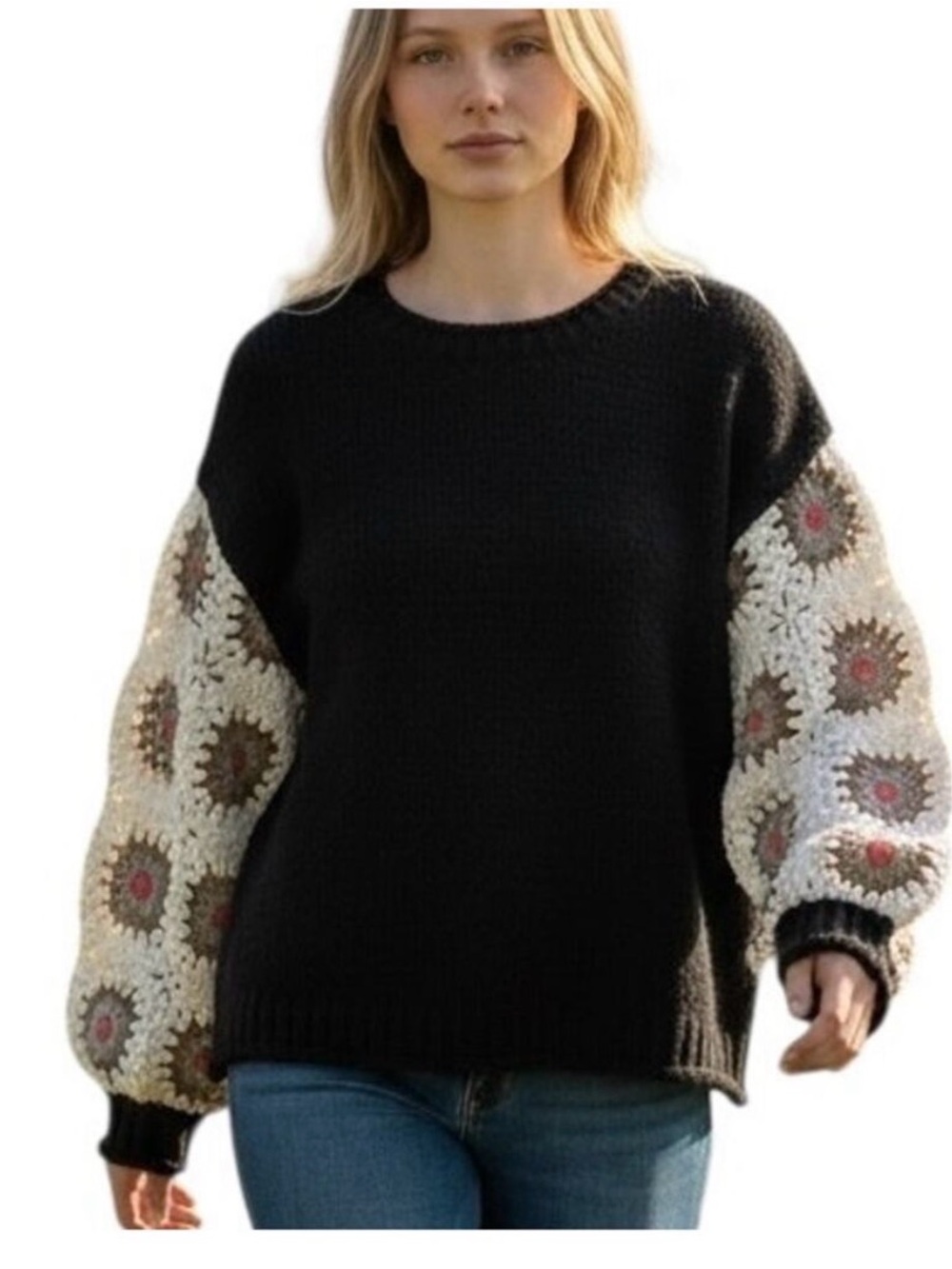 POL Sweater Womens Small Black Granny Square Sleeves Boho Retro Grannycore